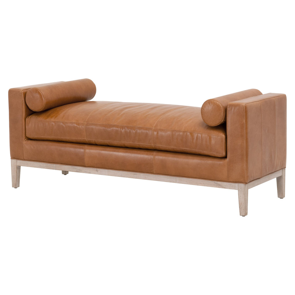 Keaton Upholstered Bench - Whiskey Brown, Top Grain Leather, Natural Gray Oak