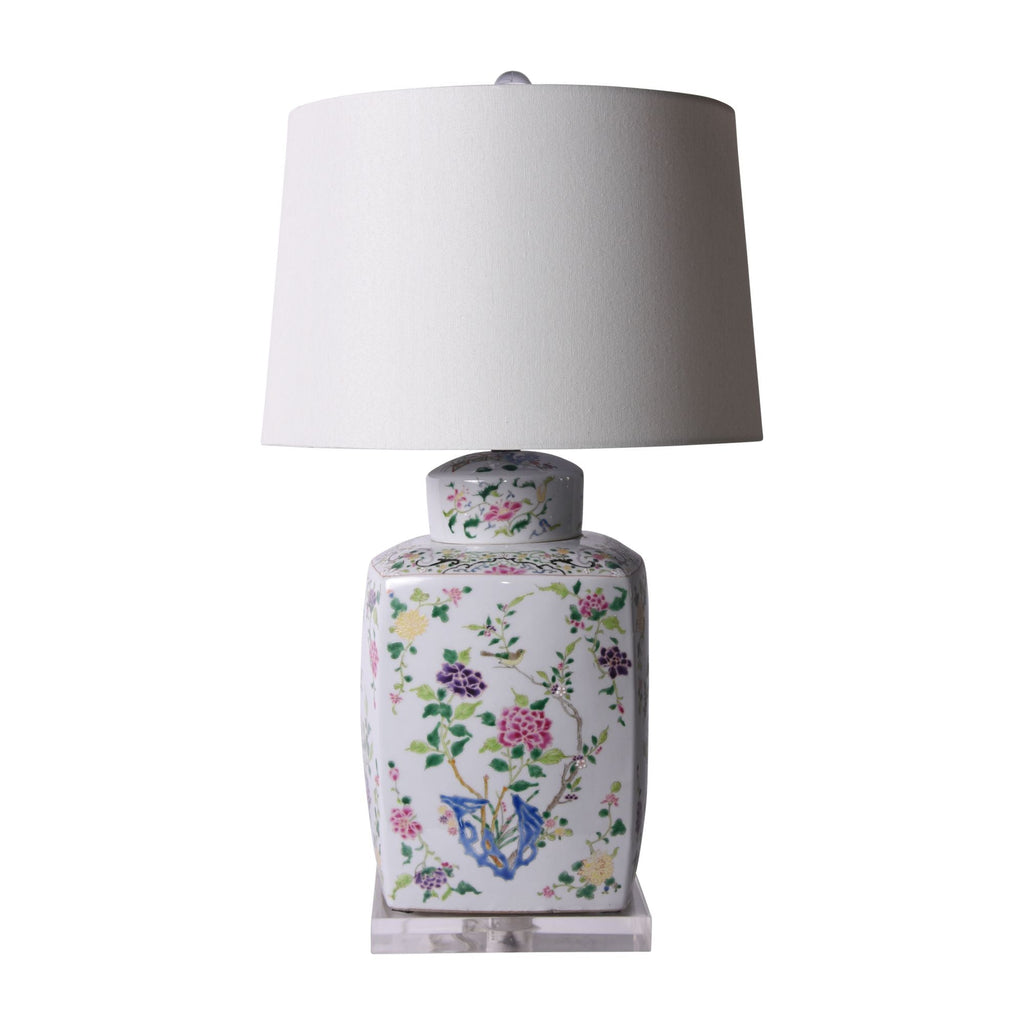 Chinoiserie Floral Cylinder Tea Jar Table Lamp