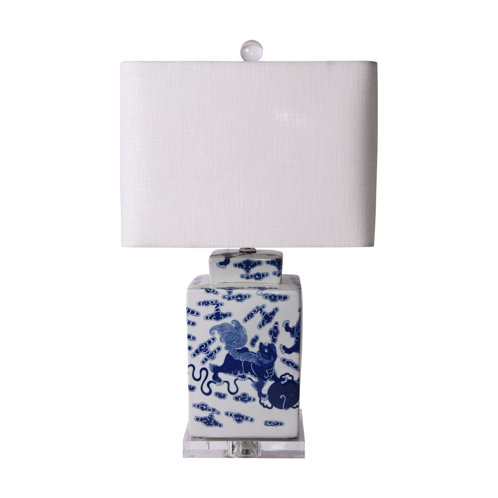 Blue and White Foo Dog Square Tea Jar Lamp