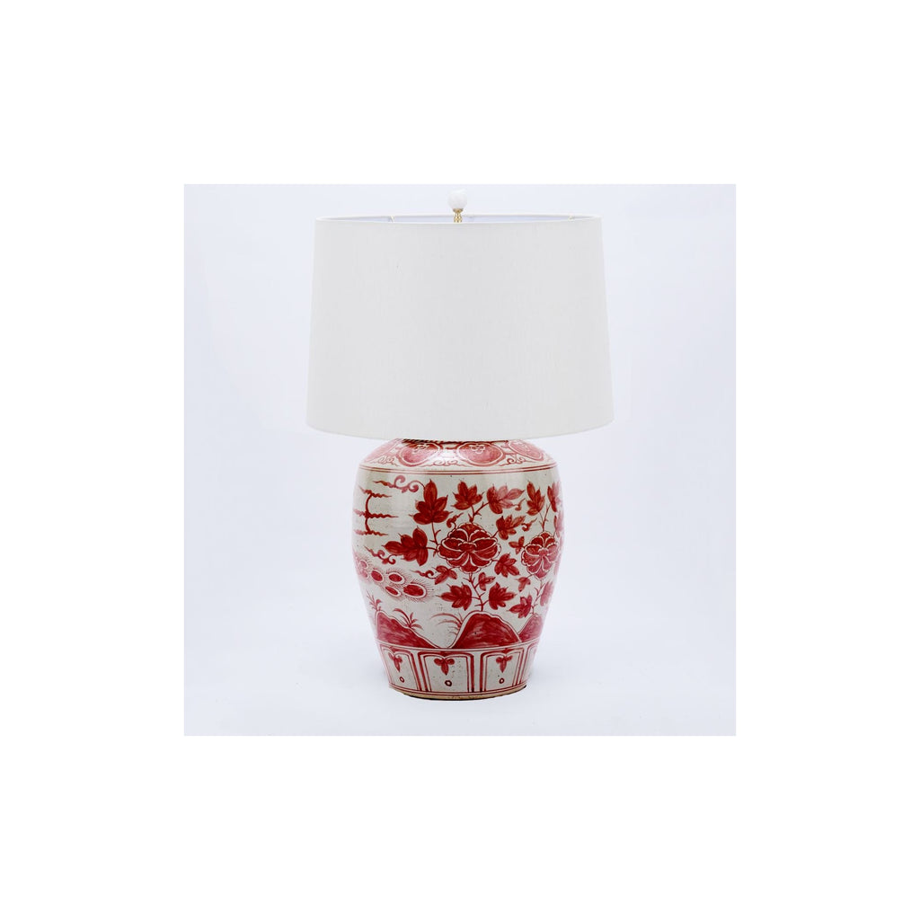 Coral Red Barn Jar Bird Motif Lamp