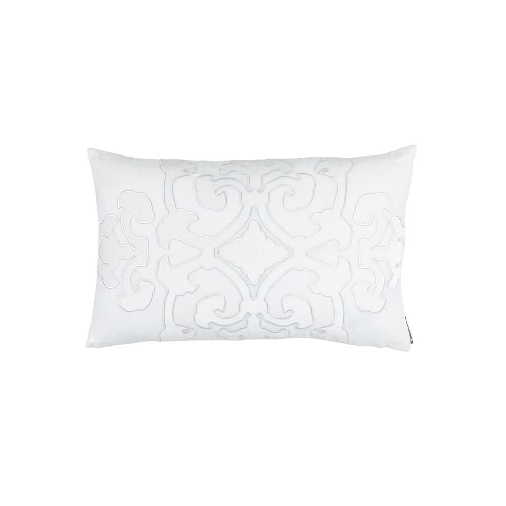 Angie Small Rectangular Pillow White Linen, White Matte Velvet Applique 14X22 (Insert Included)