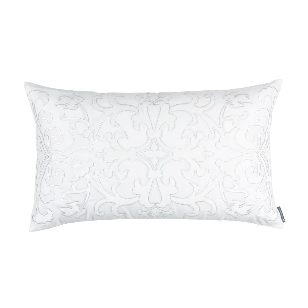 Olivia Large Rectangular Pillow White Linen, White Matte Velvet Applique 18X30 (Insert Included)