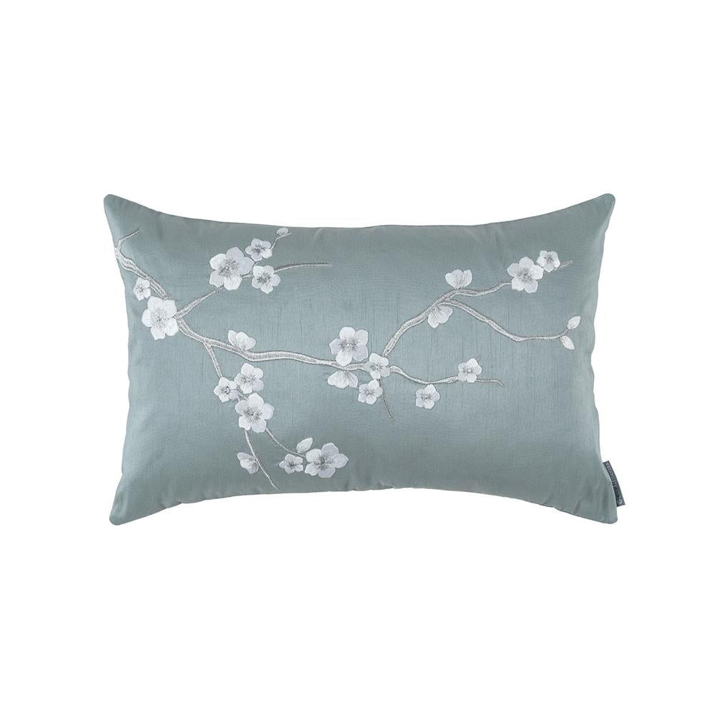 Blossom Small Rectangular Pillow Blue Poly Silk, Silver Embroidery 14X22 (Insert Included)