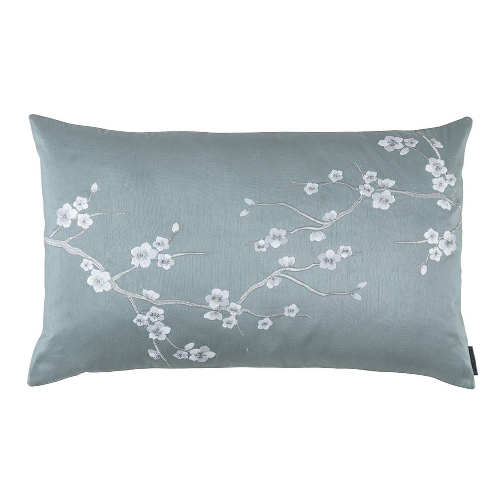 Blossom Large Rectangular Pillow Blue Poly Silk, Silver Embroidery 18X30 (Insert Included)