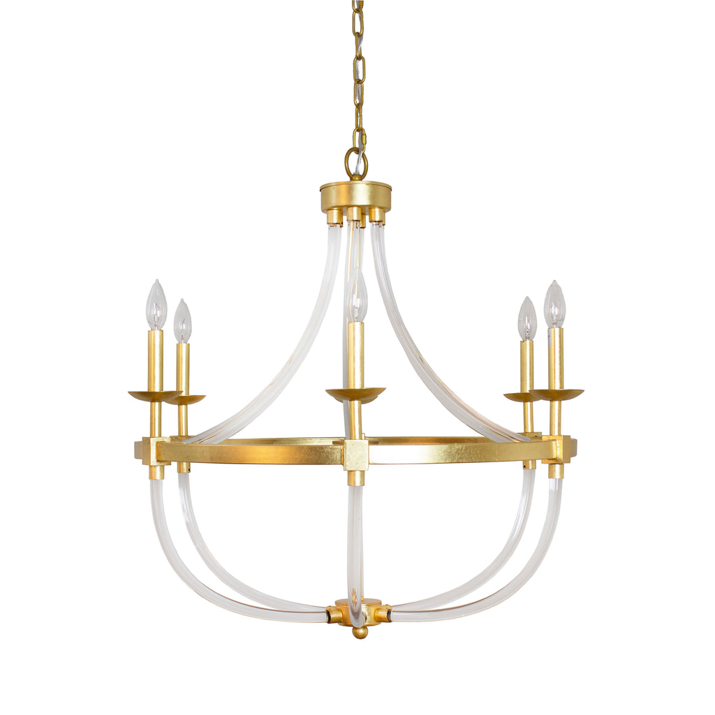 Six Light Chandelier With Acrylic Frame And Gold Leaf Details