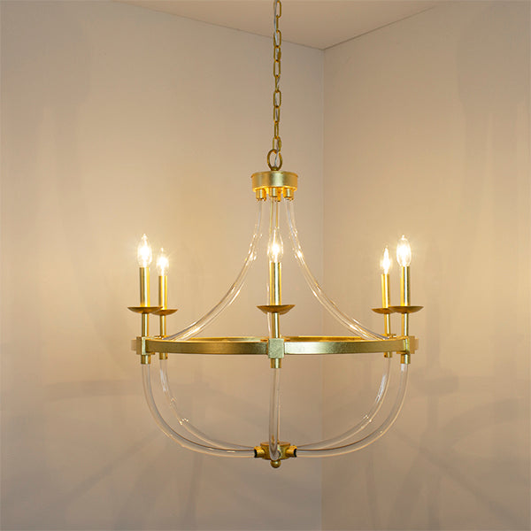 Six Light Chandelier With Acrylic Frame And Gold Leaf Details