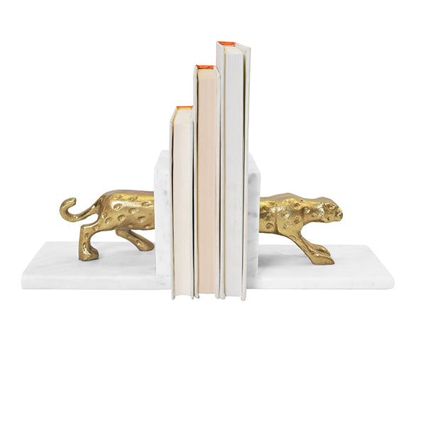 White Marble Bookends With Brass Leopard