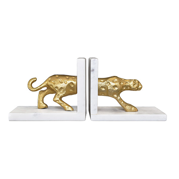 White Marble Bookends With Brass Leopard