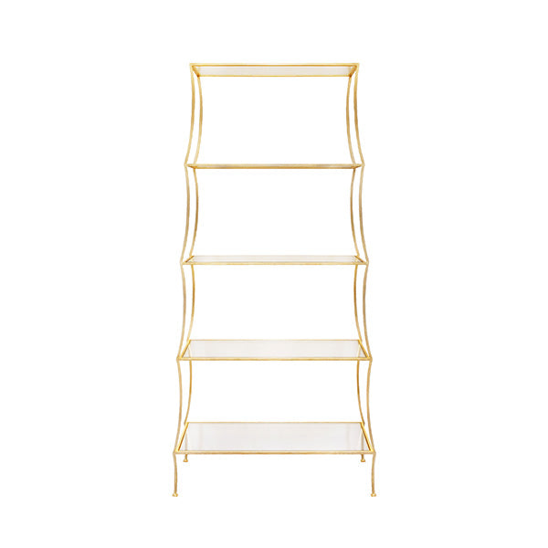 Scalloped Tapering Etagere With Clear Glass Shelves In Gold Leaf