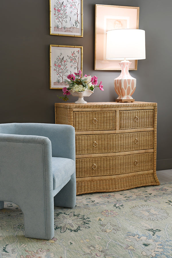 Four Drawer Chest In Woven Rattan With Satin Brass Pulls