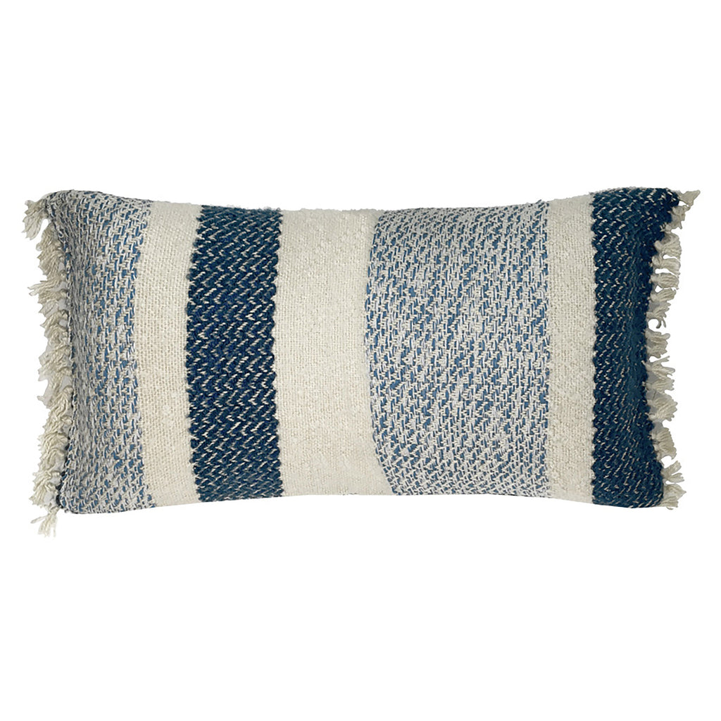 Shane Handwoven Wool Blend 14x24 Lumbar Pillow in Off White and Blue