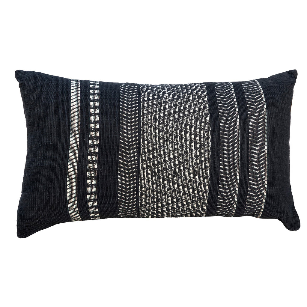 Damien Handwoven Cotton Blend 14x24 Lumbar Pillow in Black with Ivory Stitching