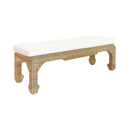 Ming Style Bench In Woven Rattan With Ivory Linen Cushion