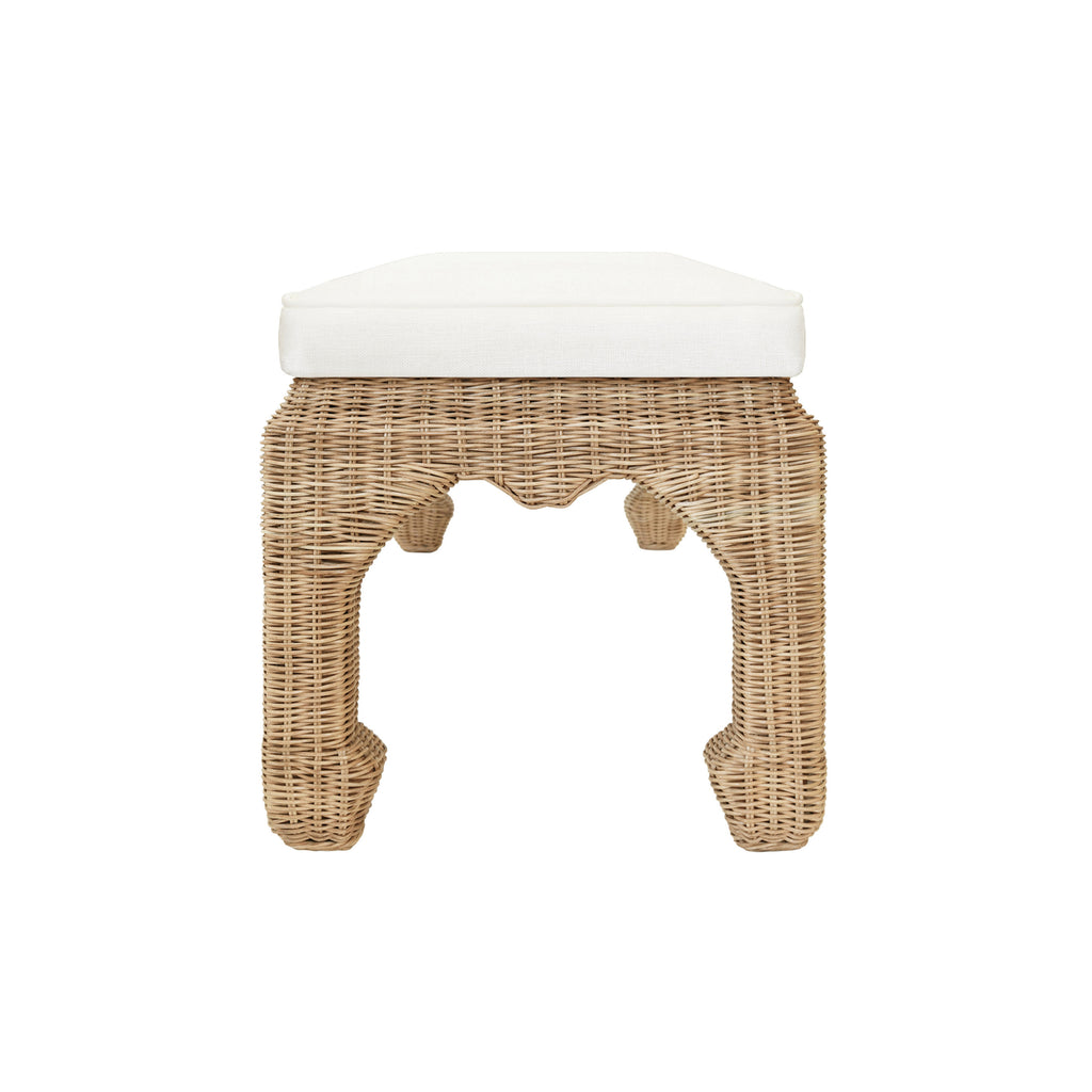 Ming Style Bench In Woven Rattan With Ivory Linen Cushion