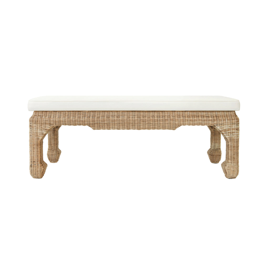 Ming Style Bench In Woven Rattan With Ivory Linen Cushion