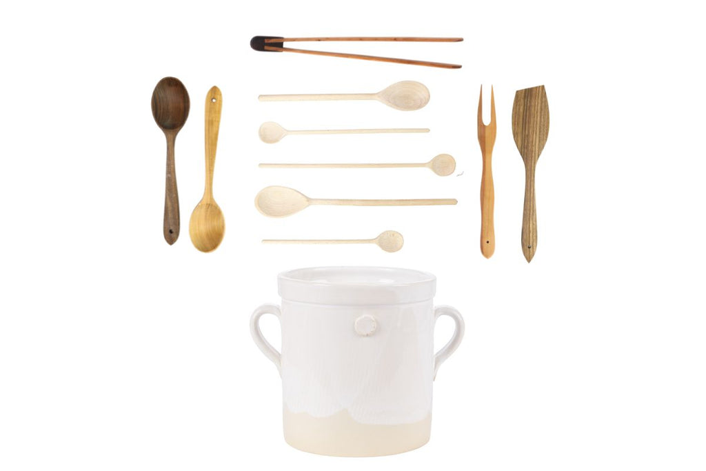 White Handthrown Crock And Utensil Bundle