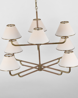 Rigby Grande Two-Tier Chandelier in Soft Brass and Natural Oak with Linen Shade