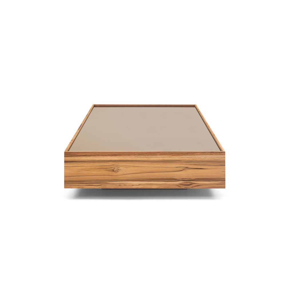 Arc Rectangular Coffee Table in Teak Featuring Bronze Glass Top