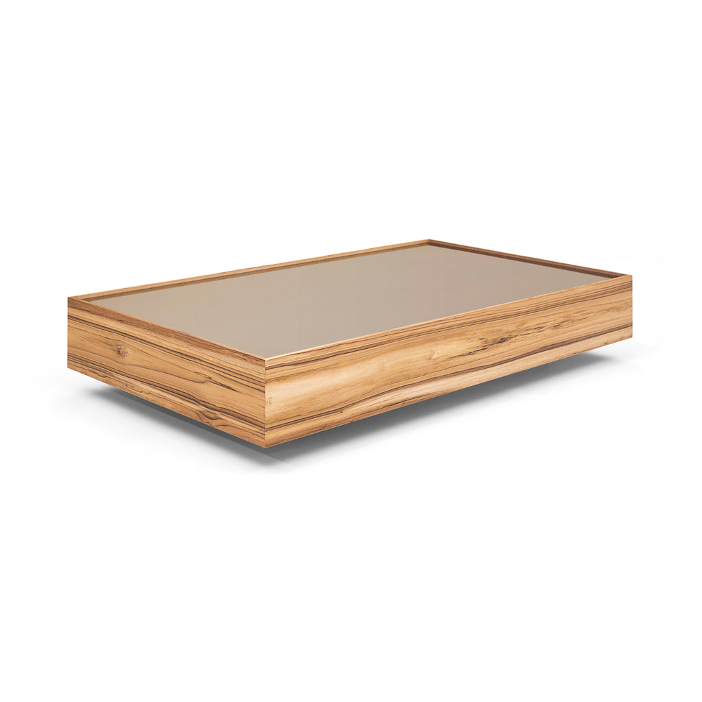 Arc Rectangular Coffee Table in Teak Featuring Bronze Glass Top