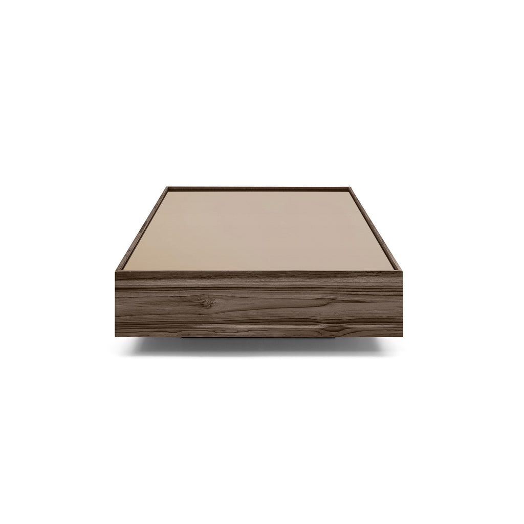 Arc Rectangular Coffee Table in Walnut Featuring Bronze Glass Top