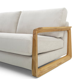 Fine Three-Seat Sofa in Oatmeal Fabric and Teak Arms