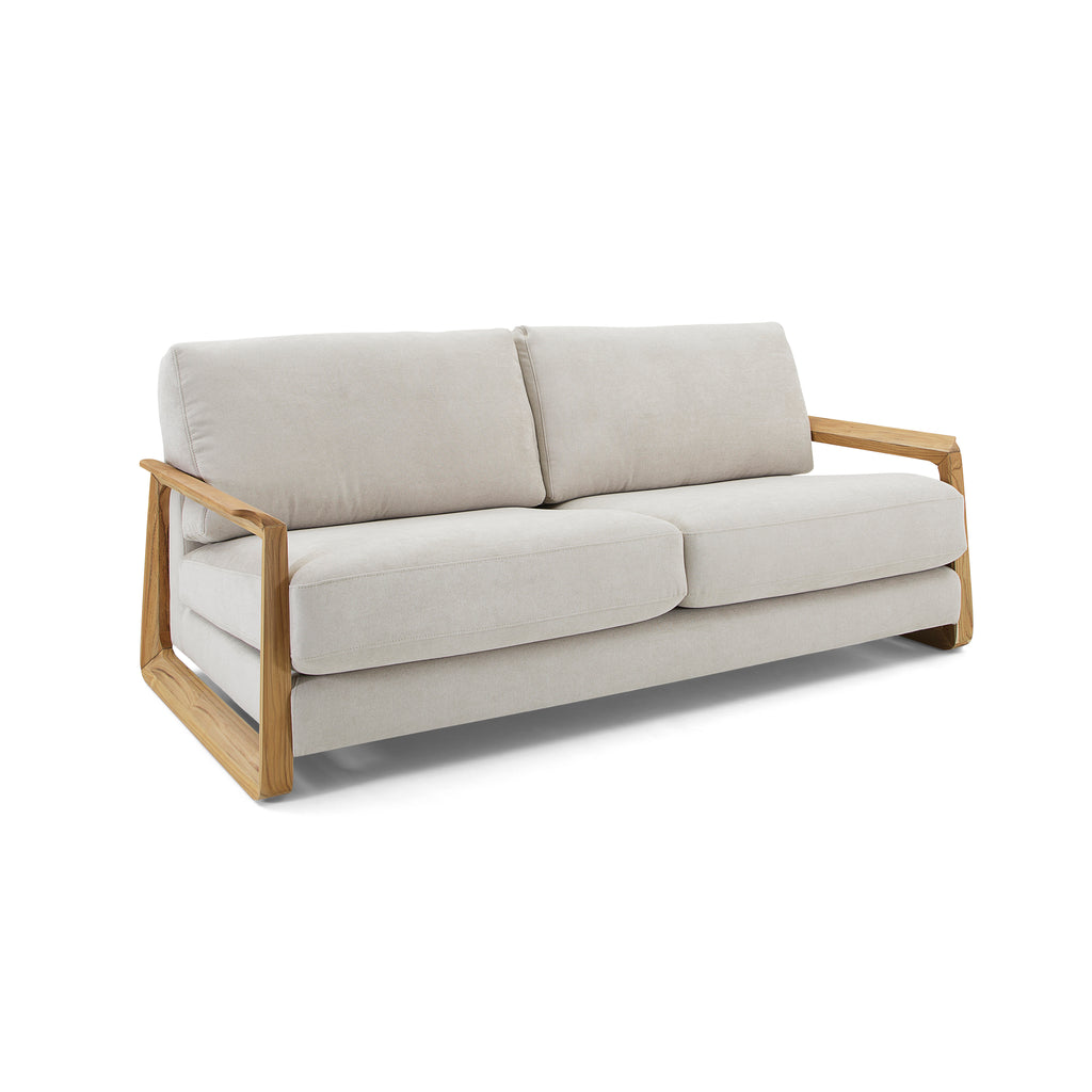 Fine Three-Seat Sofa in Oatmeal Fabric and Teak Arms