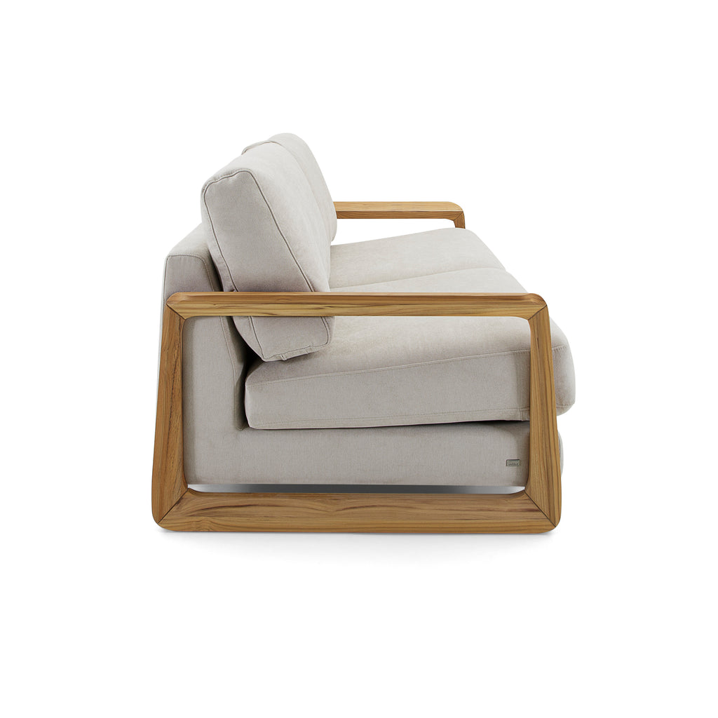 Fine Three-Seat Sofa in Oatmeal Fabric and Teak Arms