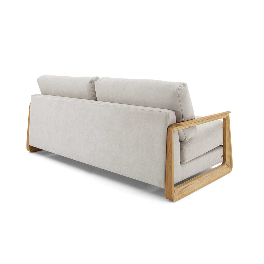 Fine Three-Seat Sofa in Oatmeal Fabric and Teak Arms