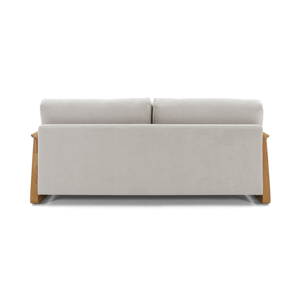 Fine Three-Seat Sofa in Oatmeal Fabric and Teak Arms