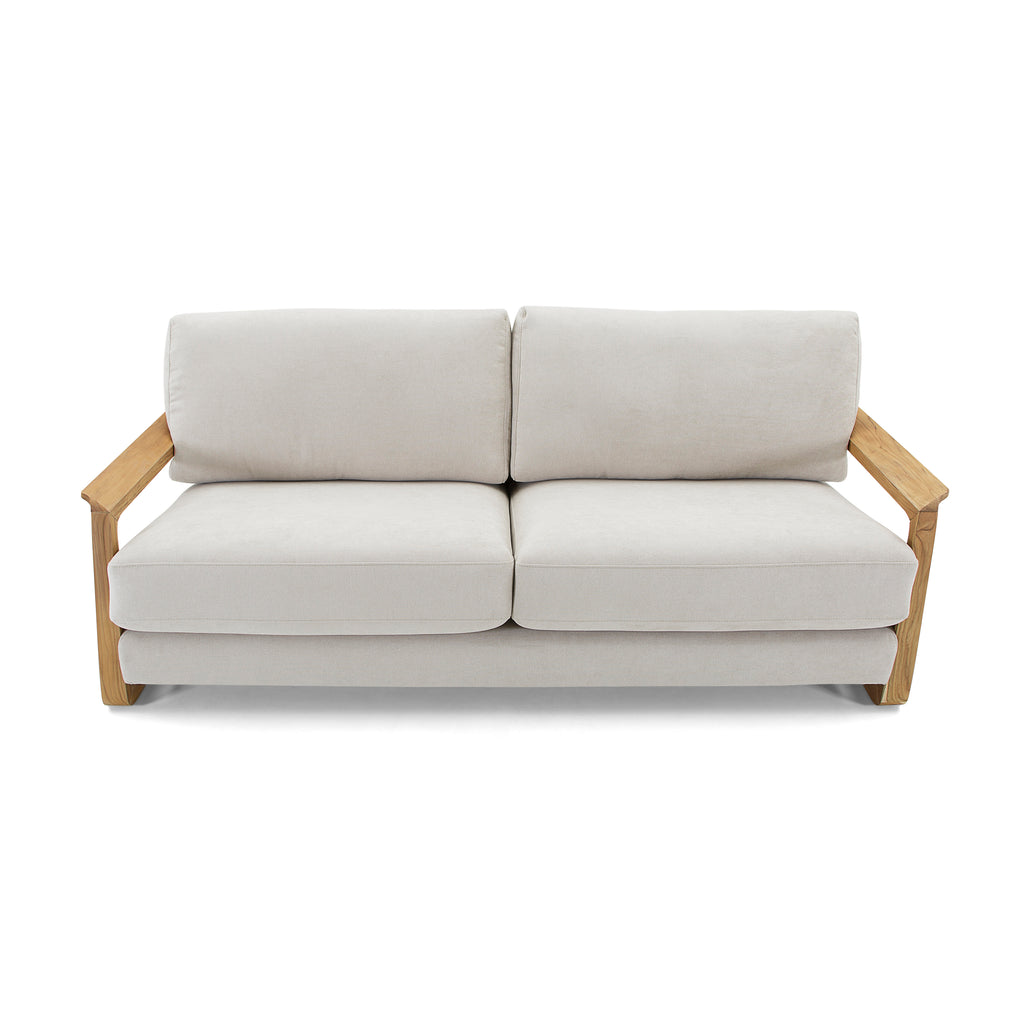 Fine Three-Seat Sofa in Oatmeal Fabric and Teak Arms