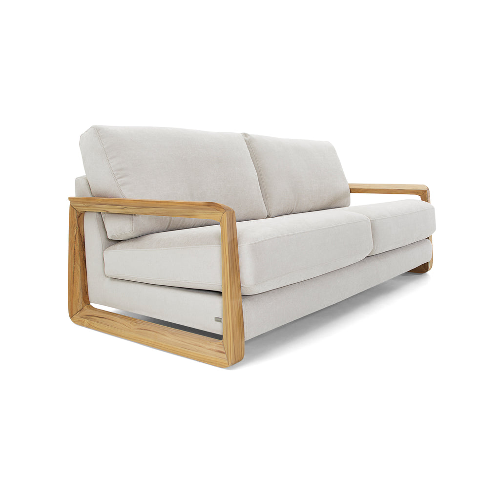 Fine Three-Seat Sofa in Oatmeal Fabric and Teak Arms