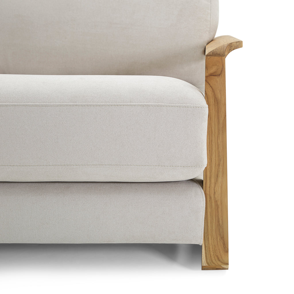 Fine Three-Seat Sofa in Oatmeal Fabric and Teak Arms