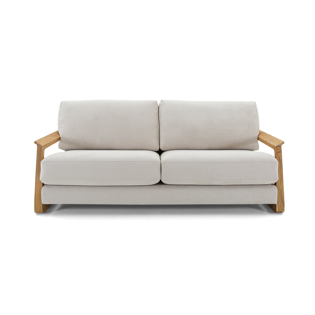 Fine Three-Seat Sofa in Oatmeal Fabric and Teak Arms