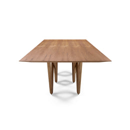 Dablio Dining Table with a Veneered Teak Table Top and Intersecting W-Shape Legs