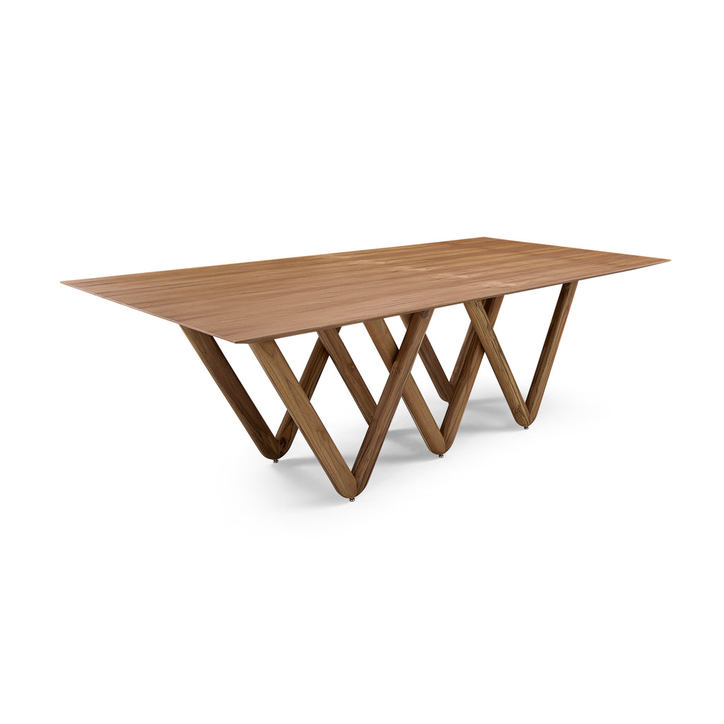 Dablio Dining Table with a Veneered Teak Table Top and Intersecting W-Shape Legs