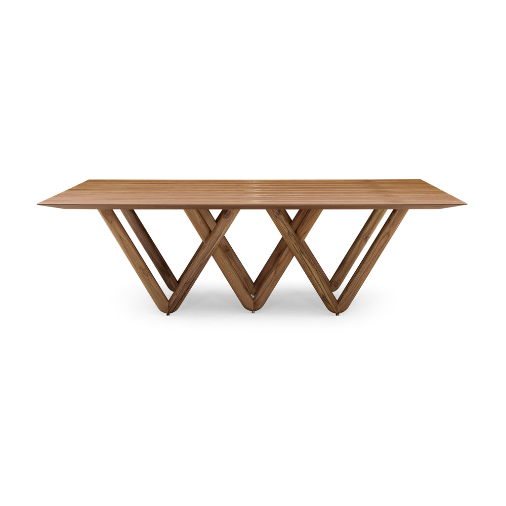 Dablio Dining Table with a Veneered Teak Table Top and Intersecting W-Shape Legs