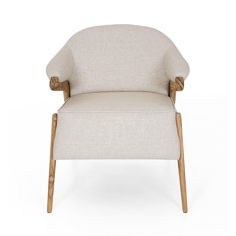 Osa Upholstered Curve Back Armchair in Teak Finish and Oatmeal Fabric