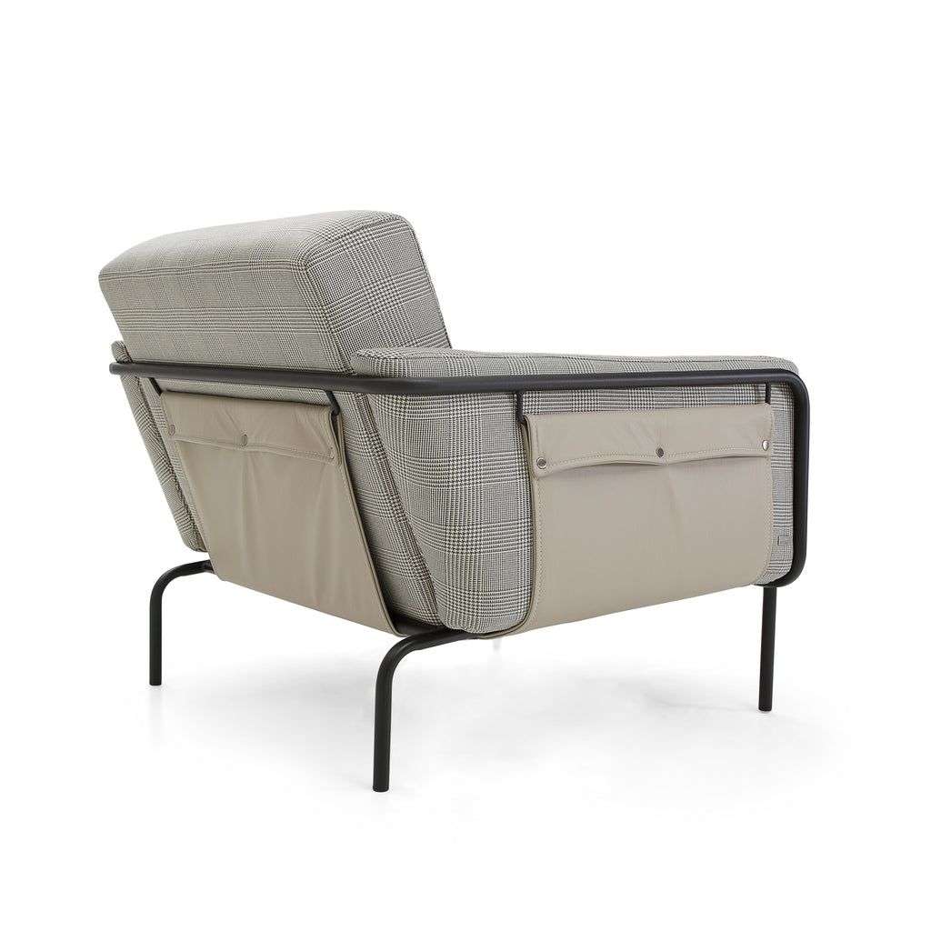 Trend Armchair, Metal Frame with Checkered Color Fabric and Side in Leather