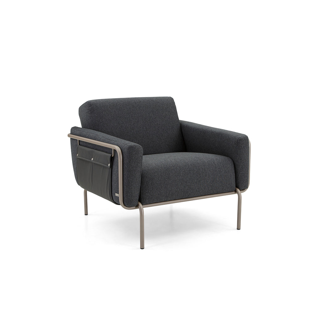 Trend Armchair, Metal Frame with Black Fabric and Black Leather