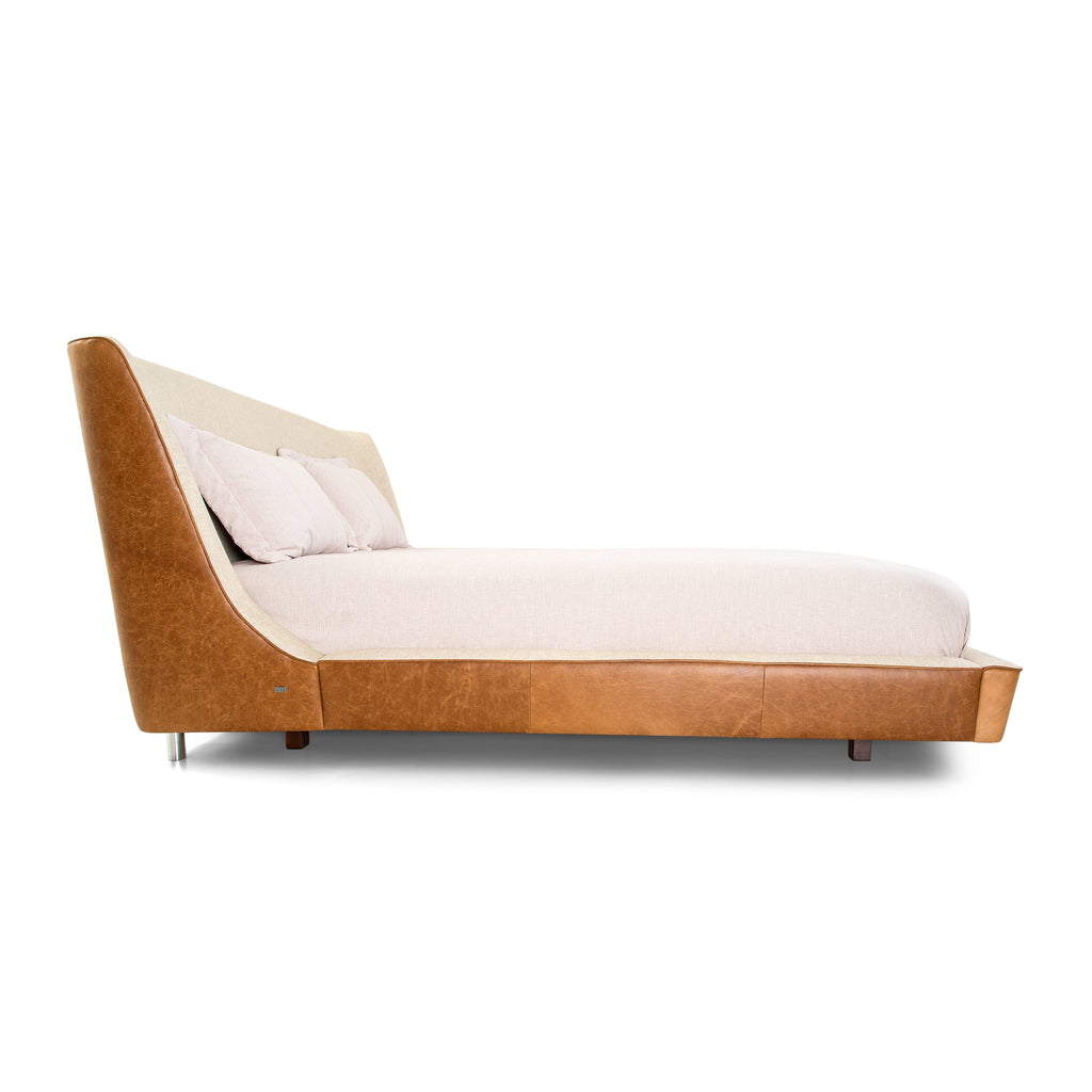 Musa King Bed in Brown Leather and Oatmeal Fabric