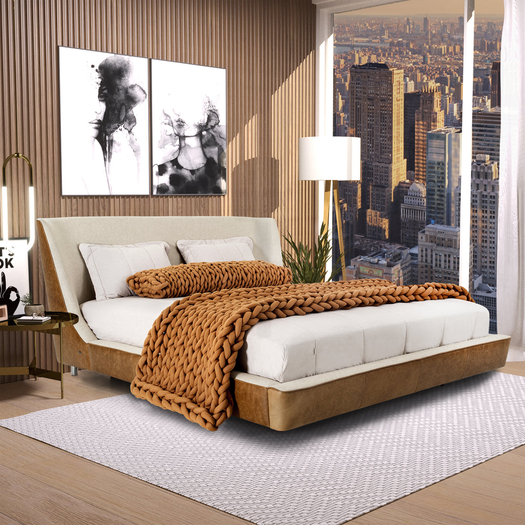 Musa King Bed in Brown Leather and Oatmeal Fabric