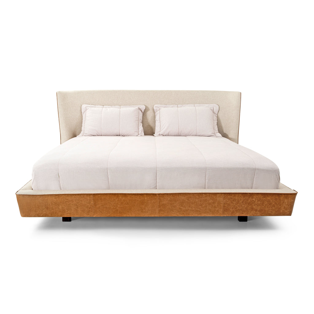 Musa King Bed in Brown Leather and Oatmeal Fabric