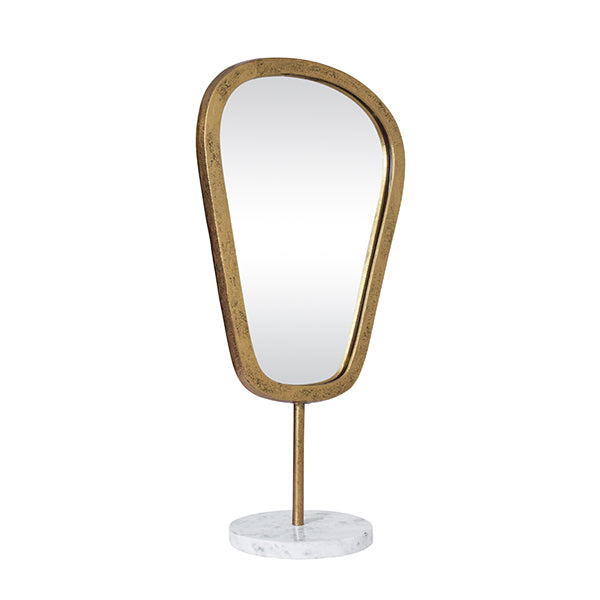 Table Top Mirror In Aged Gold Finish On White Marble Base