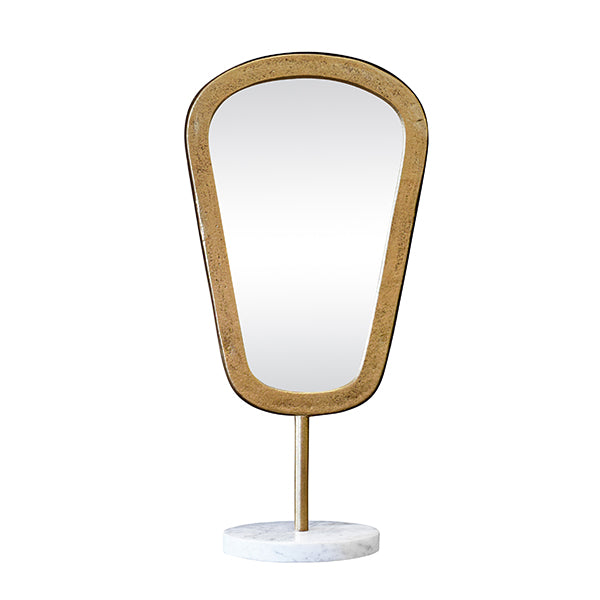 Table Top Mirror In Aged Gold Finish On White Marble Base