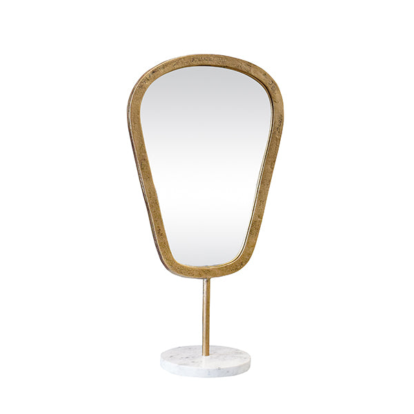 Table Top Mirror In Aged Gold Finish On White Marble Base