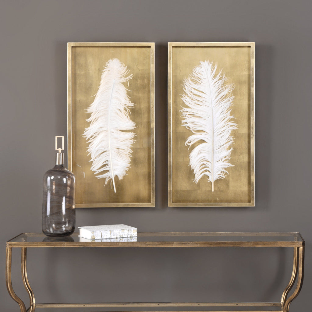 White Feathers Gold Shadow Box Set of 2