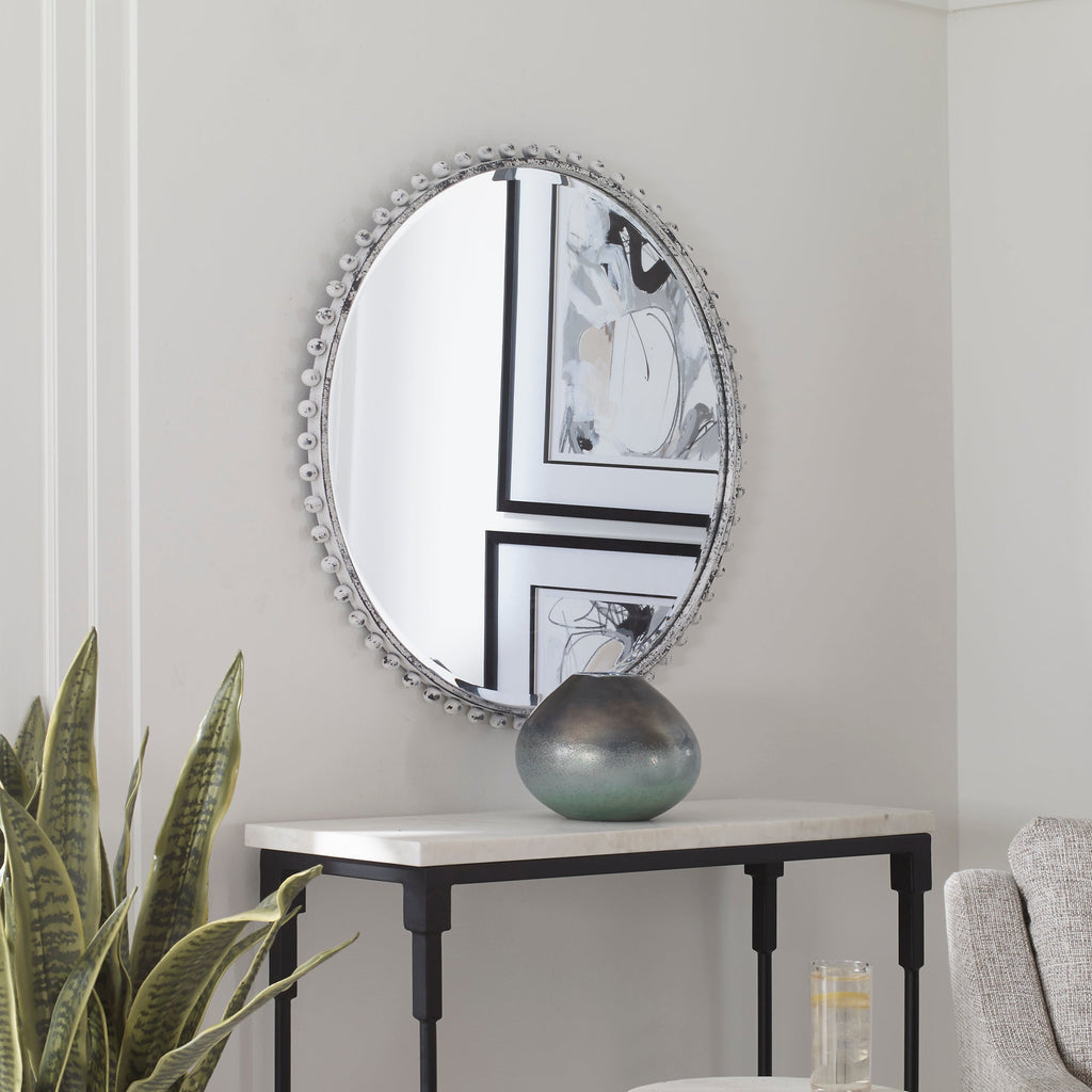 Taza Aged White Round Mirror