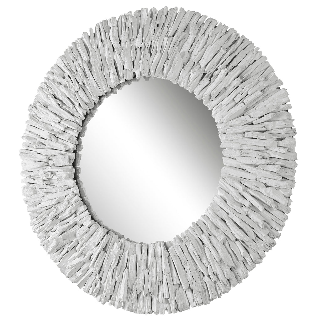 Teak Branch White Round Mirror