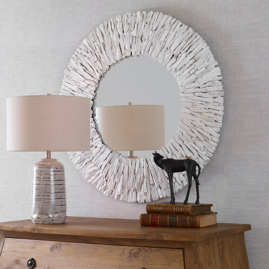 Teak Branch White Round Mirror