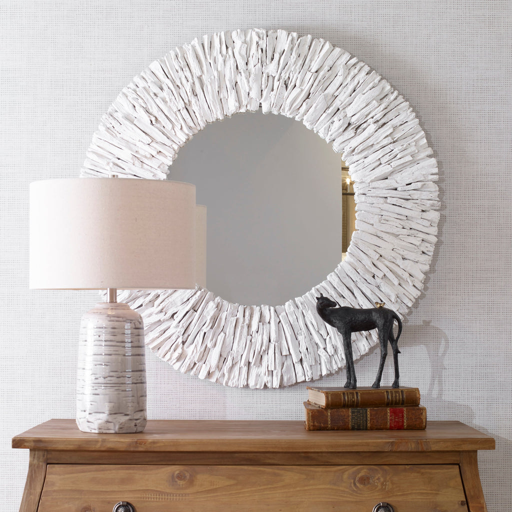 Teak Branch White Round Mirror